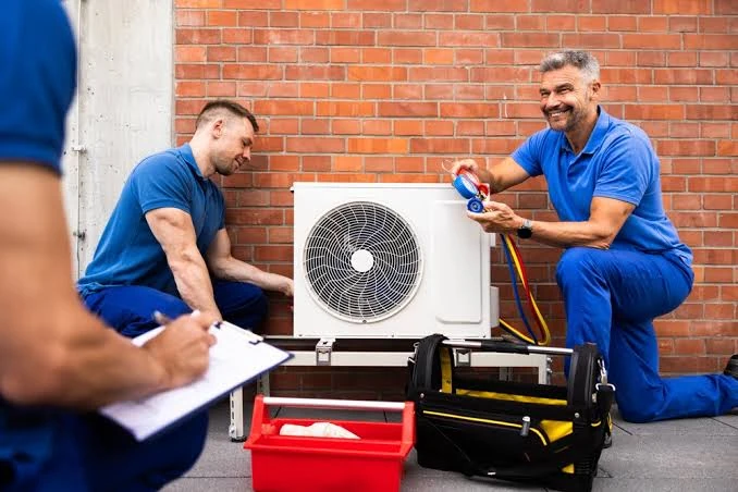 HVAC technicians testing a compact air conditioner with diagnostic gauges and tools